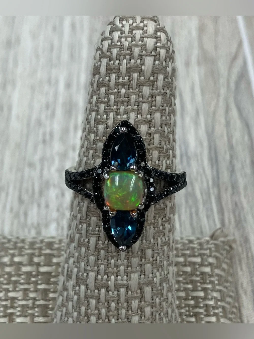 Black Rhodium Band, Opel With Blue Stones, & Black Spinel Ring, Sz 7